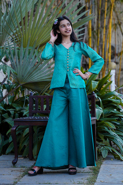 Elegant Teal Brocade Front-Slit Kurta with Flared Palazzos