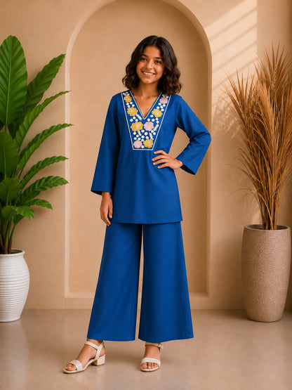 Royal Blue Floral Embroidered Kurta Set