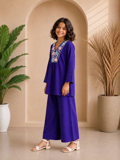 Purple Floral Embroidered Kurta Set