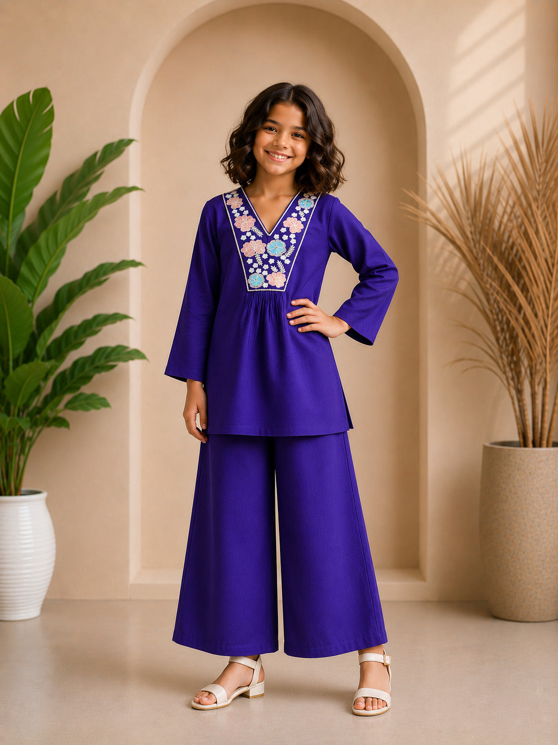 Purple Floral Embroidered Kurta Set