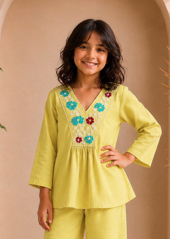 Yellow Floral Embroidered Kurta Set