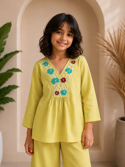 Yellow Floral Embroidered Kurta Set