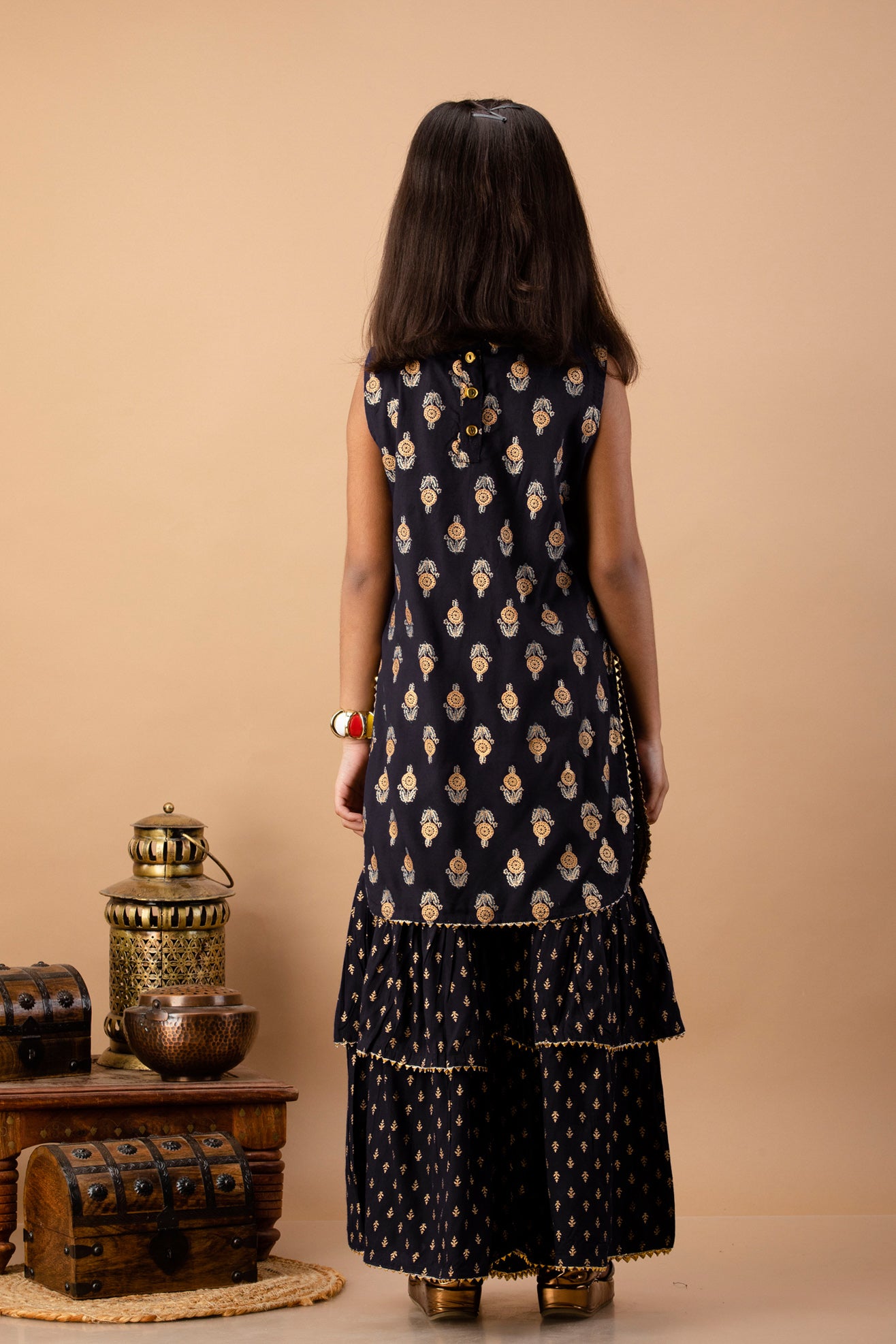 Misbis Girl's Black Ethnic Motifs Kurti with Sharara & Dupatta