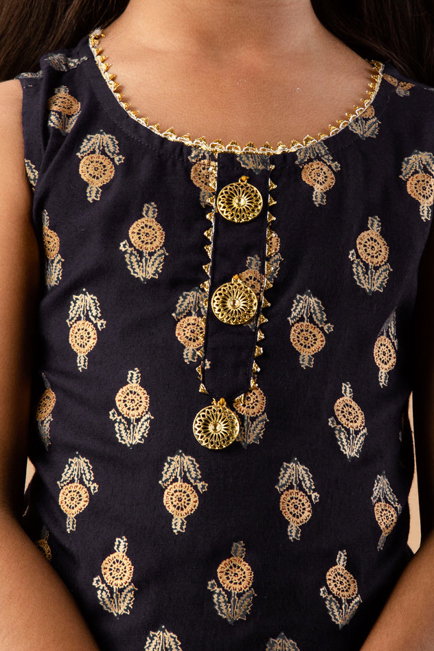 Misbis Girl's Black Ethnic Motifs Kurti with Sharara & Dupatta