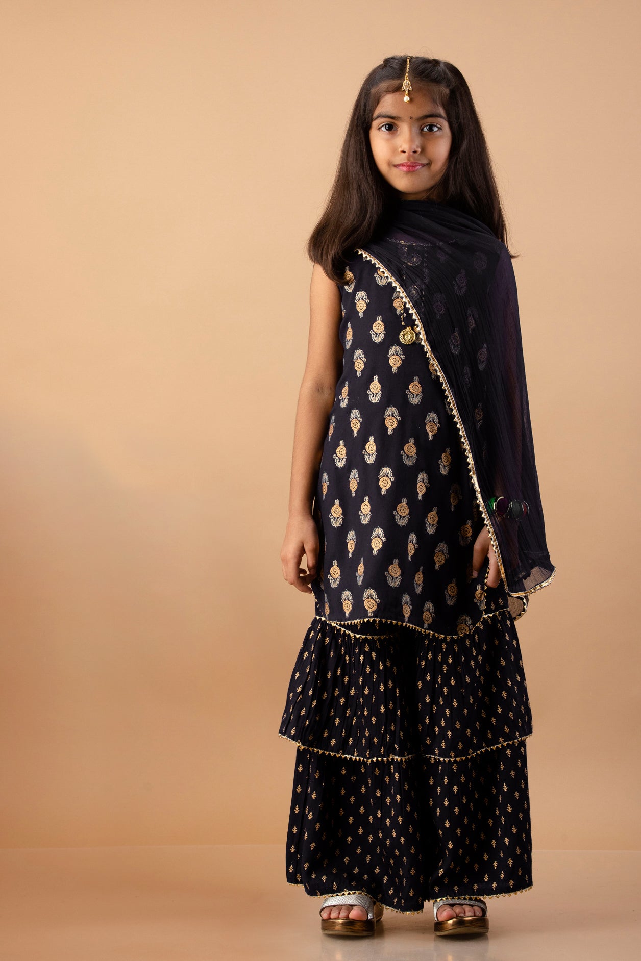 Misbis Girl's Black Ethnic Motifs Kurti with Sharara & Dupatta