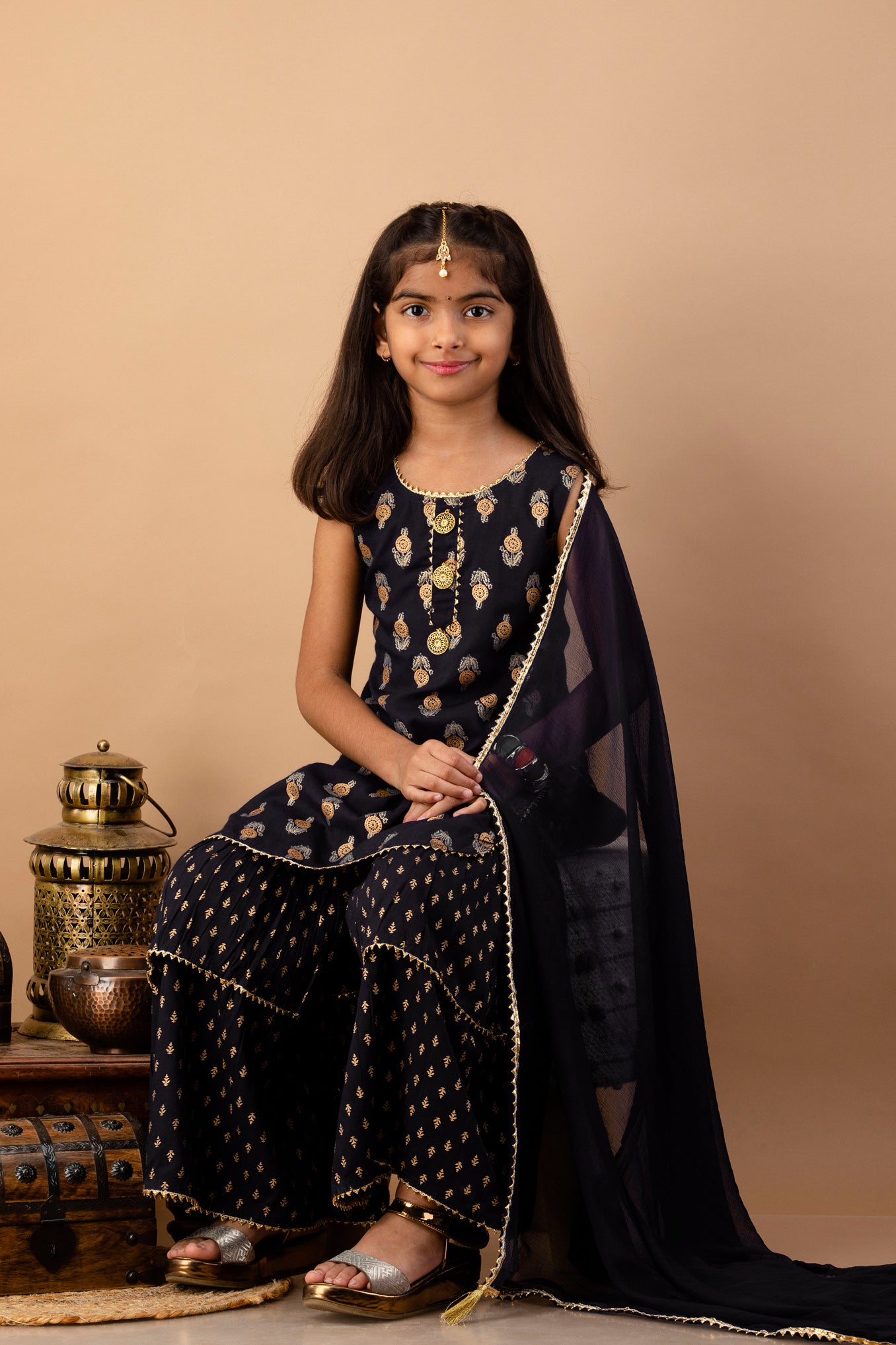 Misbis Girl's Black Ethnic Motifs Kurti with Sharara & Dupatta
