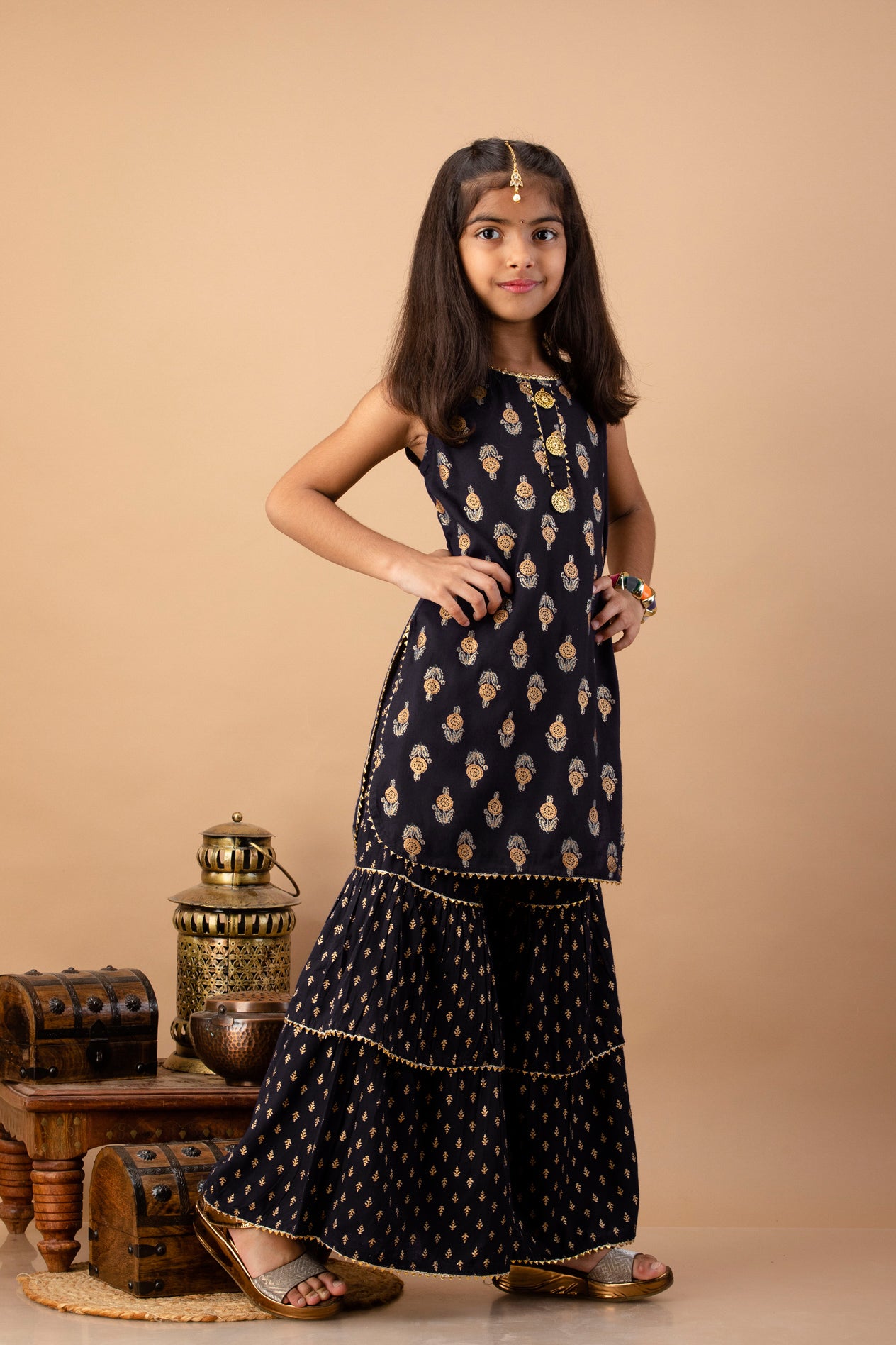 Misbis Girl's Black Ethnic Motifs Kurti with Sharara & Dupatta