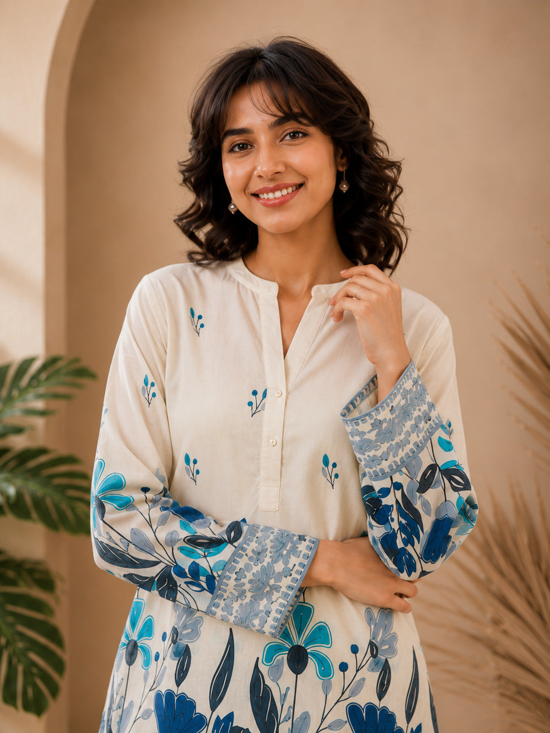 Floral Print Co-Ord Set with Mandarin Collar Tunic and Wide-Leg Palazzos
