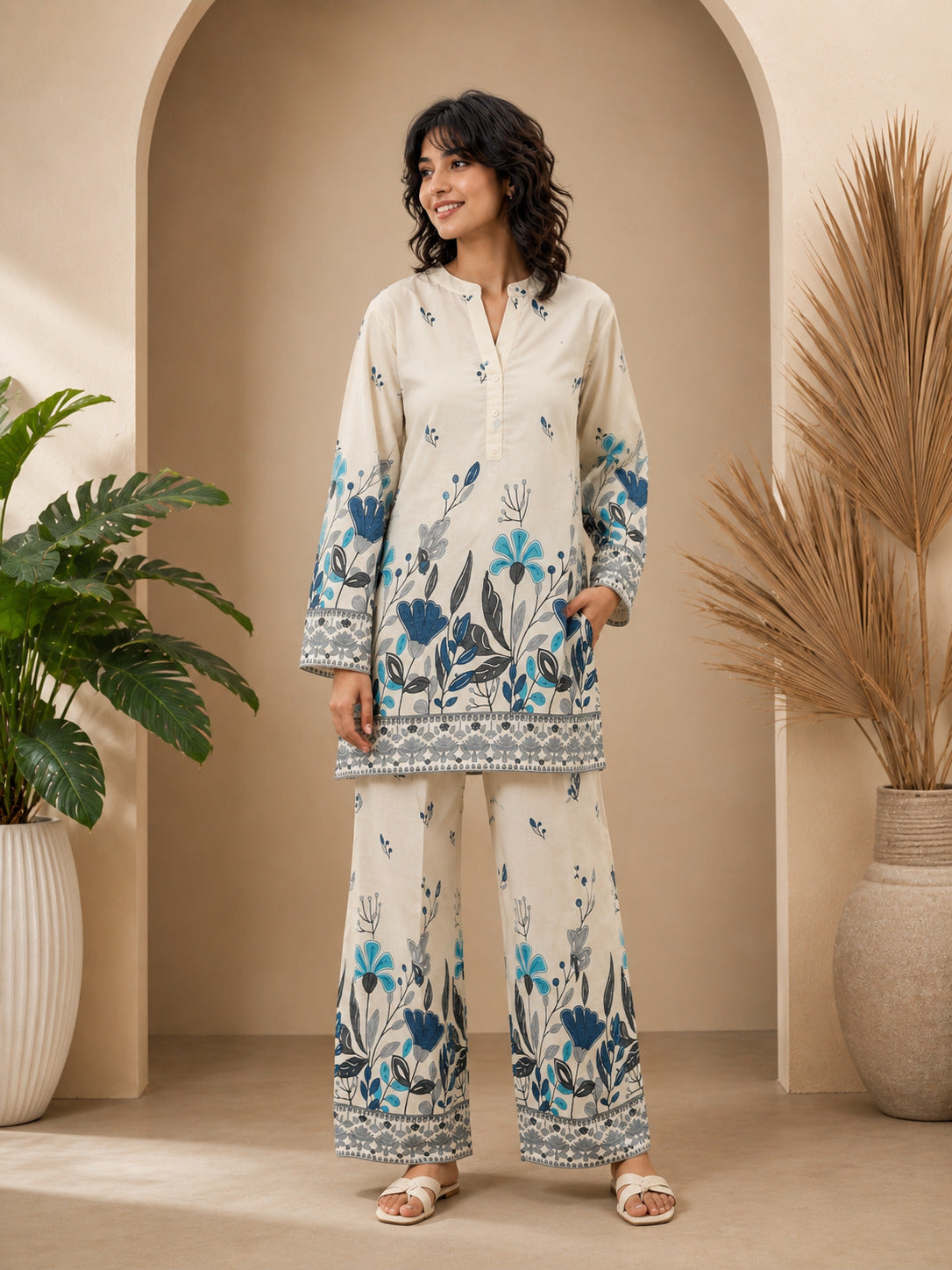 Floral Print Co-Ord Set with Mandarin Collar Tunic and Wide-Leg Palazzos