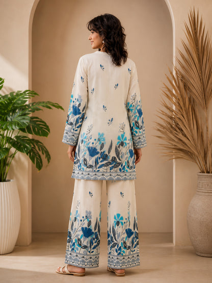 Floral Print Co-Ord Set with Mandarin Collar Tunic and Wide-Leg Palazzos