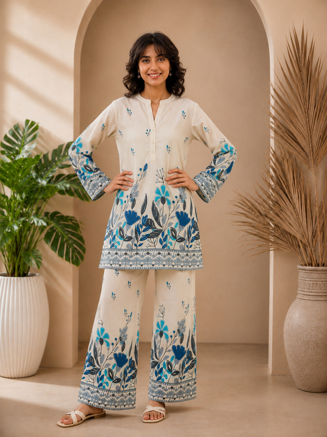 Floral Print Co-Ord Set with Mandarin Collar Tunic and Wide-Leg Palazzos