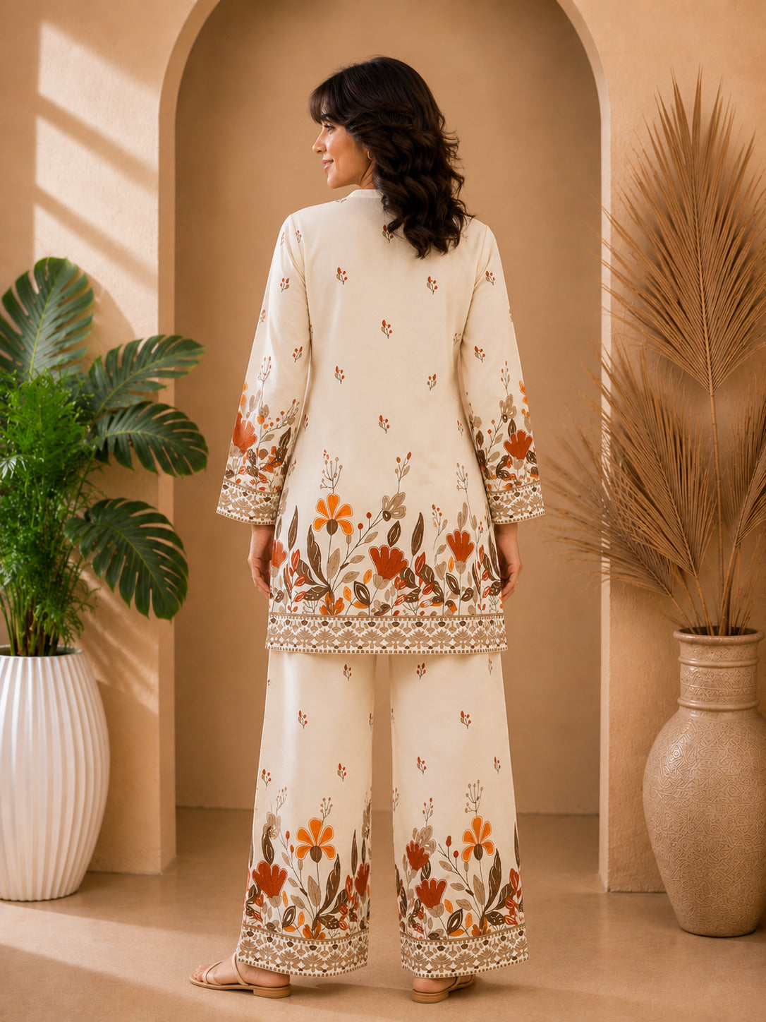 Floral Print Co-Ord Set with Mandarin Collar Tunic and Wide-Leg Palazzos