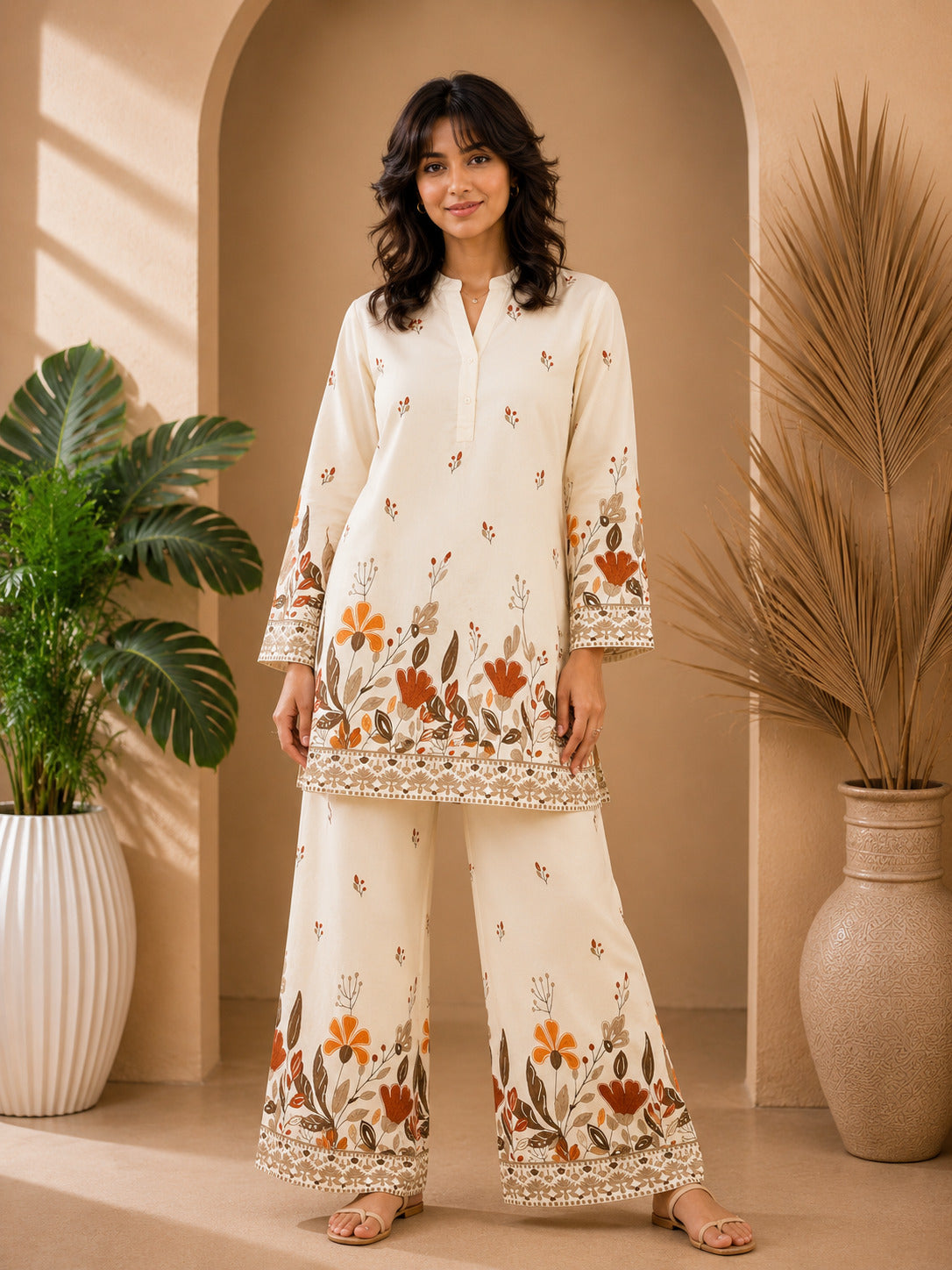 Floral Print Co-Ord Set with Mandarin Collar Tunic and Wide-Leg Palazzos