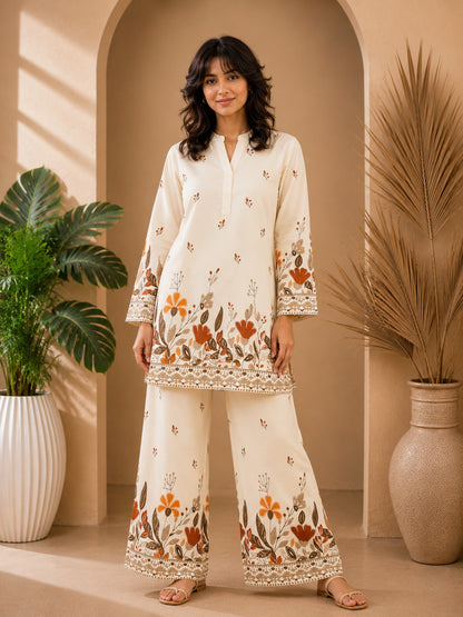 Floral Print Co-Ord Set with Mandarin Collar Tunic and Wide-Leg Palazzos