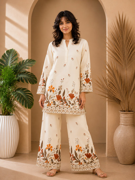 Floral Print Co-Ord Set with Mandarin Collar Tunic and Wide-Leg Palazzos
