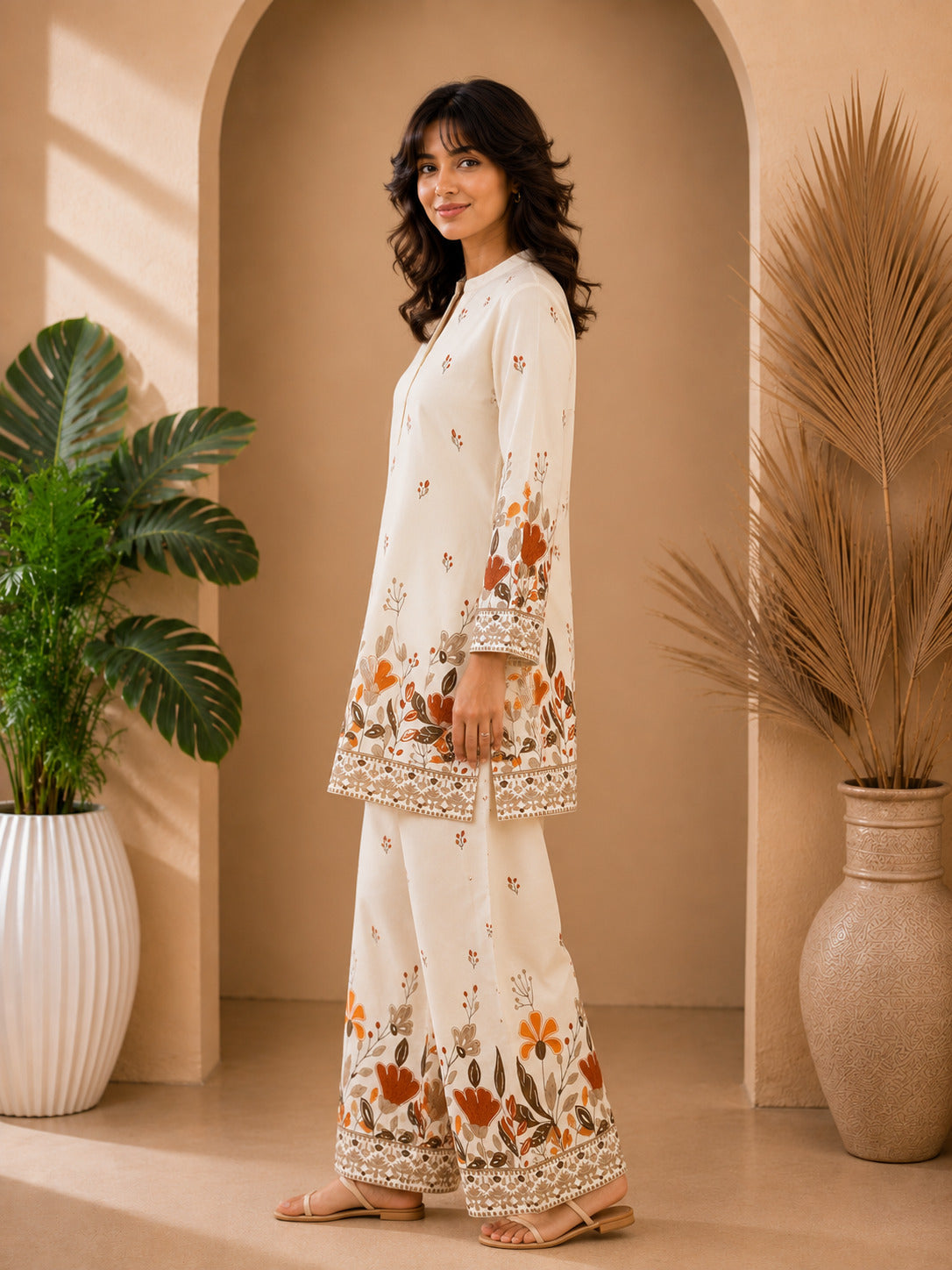 Floral Print Co-Ord Set with Mandarin Collar Tunic and Wide-Leg Palazzos