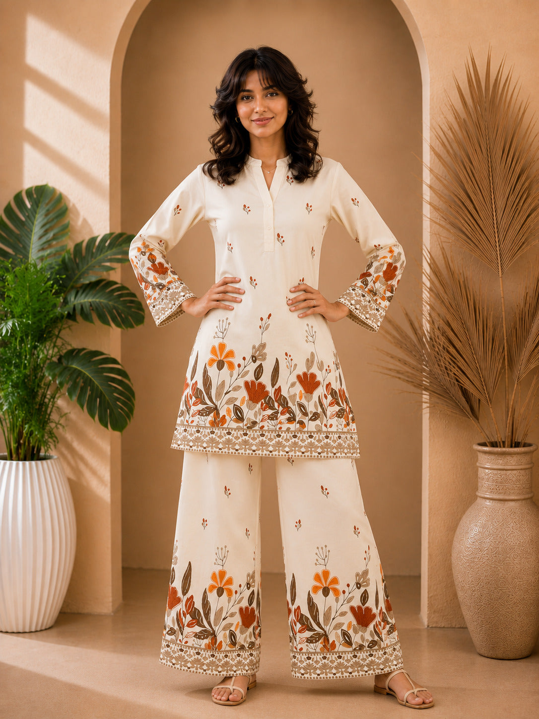 Floral Print Co-Ord Set with Mandarin Collar Tunic and Wide-Leg Palazzos