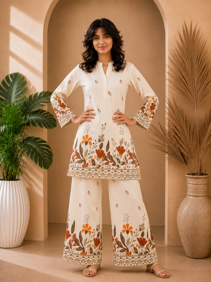 Floral Print Co-Ord Set with Mandarin Collar Tunic and Wide-Leg Palazzos