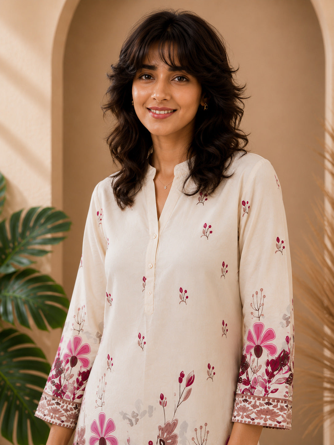 Floral Print Co-Ord Set with Mandarin Collar Tunic and Wide-Leg Palazzos