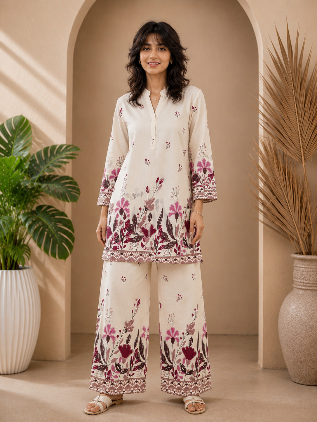 Floral Print Co-Ord Set with Mandarin Collar Tunic and Wide-Leg Palazzos
