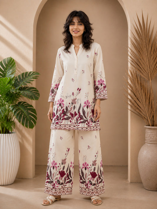 Floral Print Co-Ord Set with Mandarin Collar Tunic and Wide-Leg Palazzos