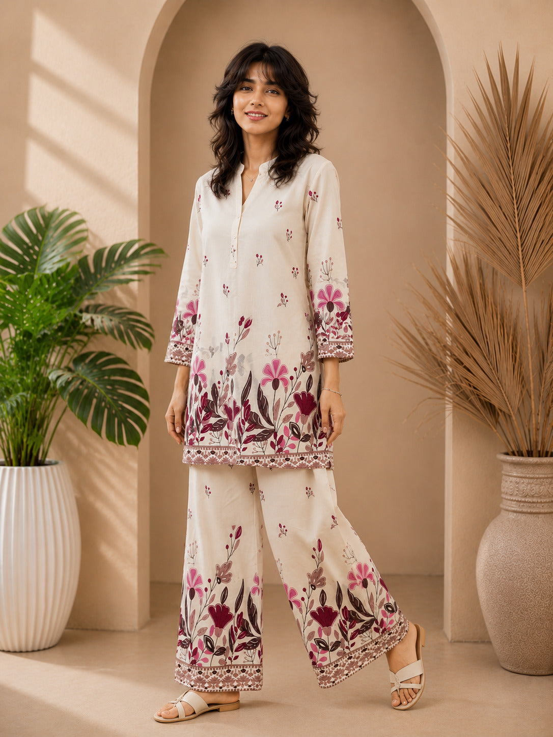 Floral Print Co-Ord Set with Mandarin Collar Tunic and Wide-Leg Palazzos