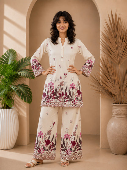 Floral Print Co-Ord Set with Mandarin Collar Tunic and Wide-Leg Palazzos