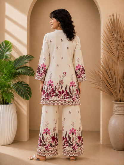 Floral Print Co-Ord Set with Mandarin Collar Tunic and Wide-Leg Palazzos