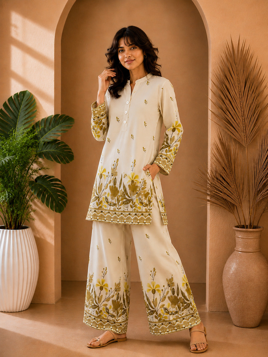 Floral Print Co-Ord Set with Mandarin Collar Tunic and Wide-Leg Palazzos