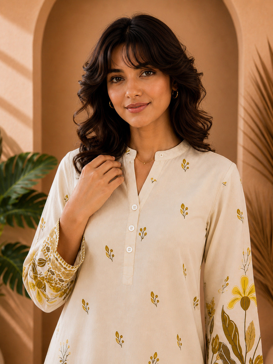 Floral Print Co-Ord Set with Mandarin Collar Tunic and Wide-Leg Palazzos