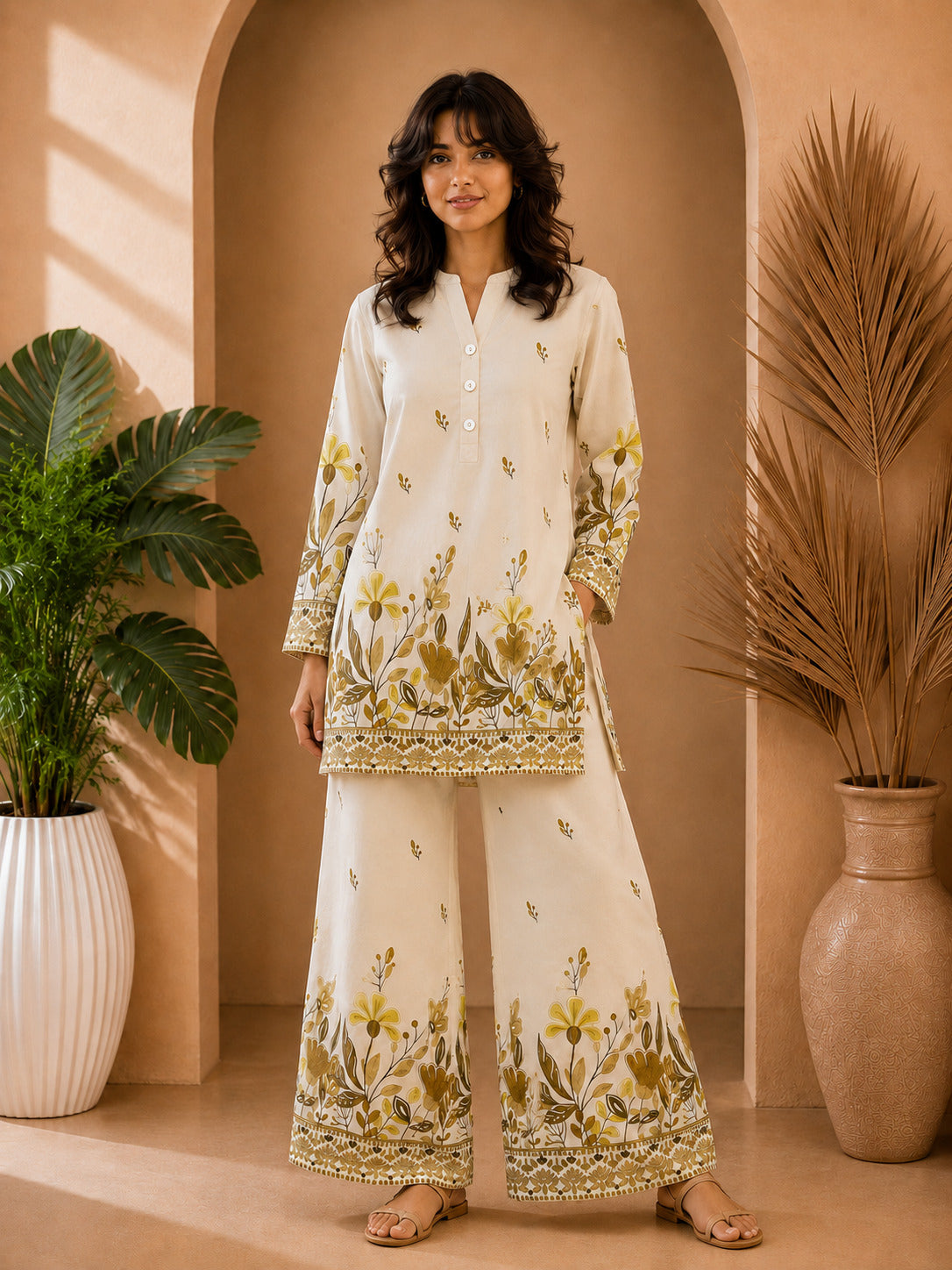 Floral Print Co-Ord Set with Mandarin Collar Tunic and Wide-Leg Palazzos