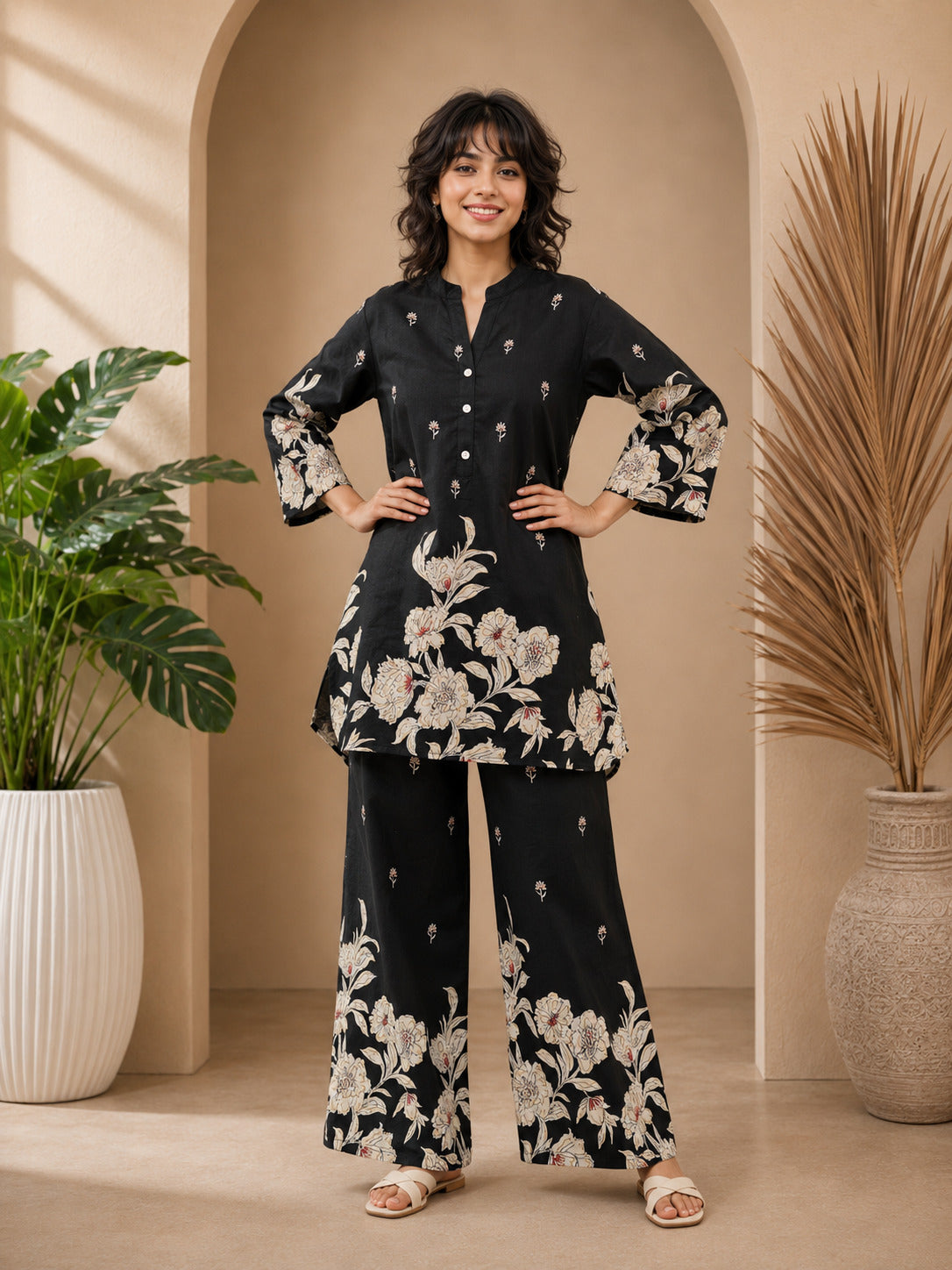 Floral Print Co-Ord Set with Mandarin Collar Tunic and Wide-Leg Palazzos