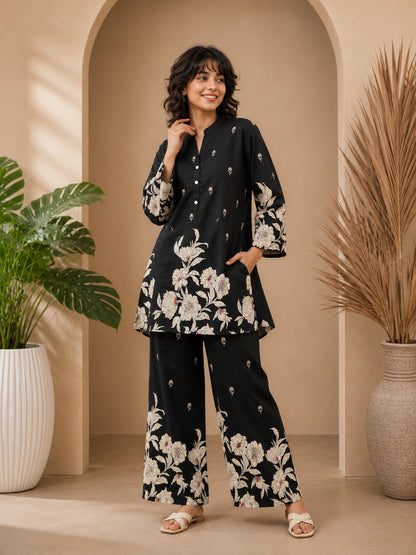 Floral Print Co-Ord Set with Mandarin Collar Tunic and Wide-Leg Palazzos