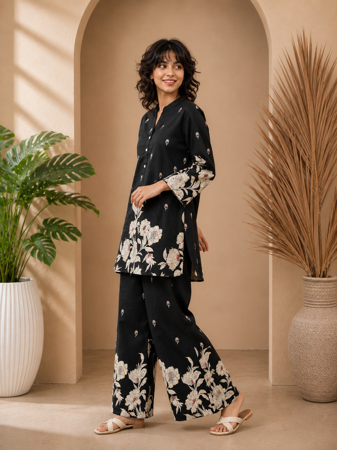 Floral Print Co-Ord Set with Mandarin Collar Tunic and Wide-Leg Palazzos
