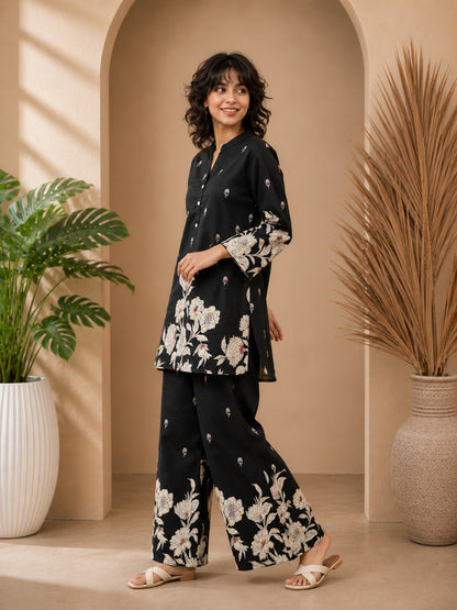 Floral Print Co-Ord Set with Mandarin Collar Tunic and Wide-Leg Palazzos
