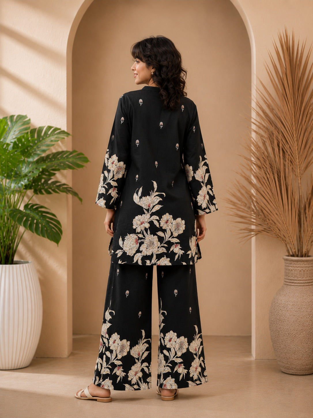 Floral Print Co-Ord Set with Mandarin Collar Tunic and Wide-Leg Palazzos