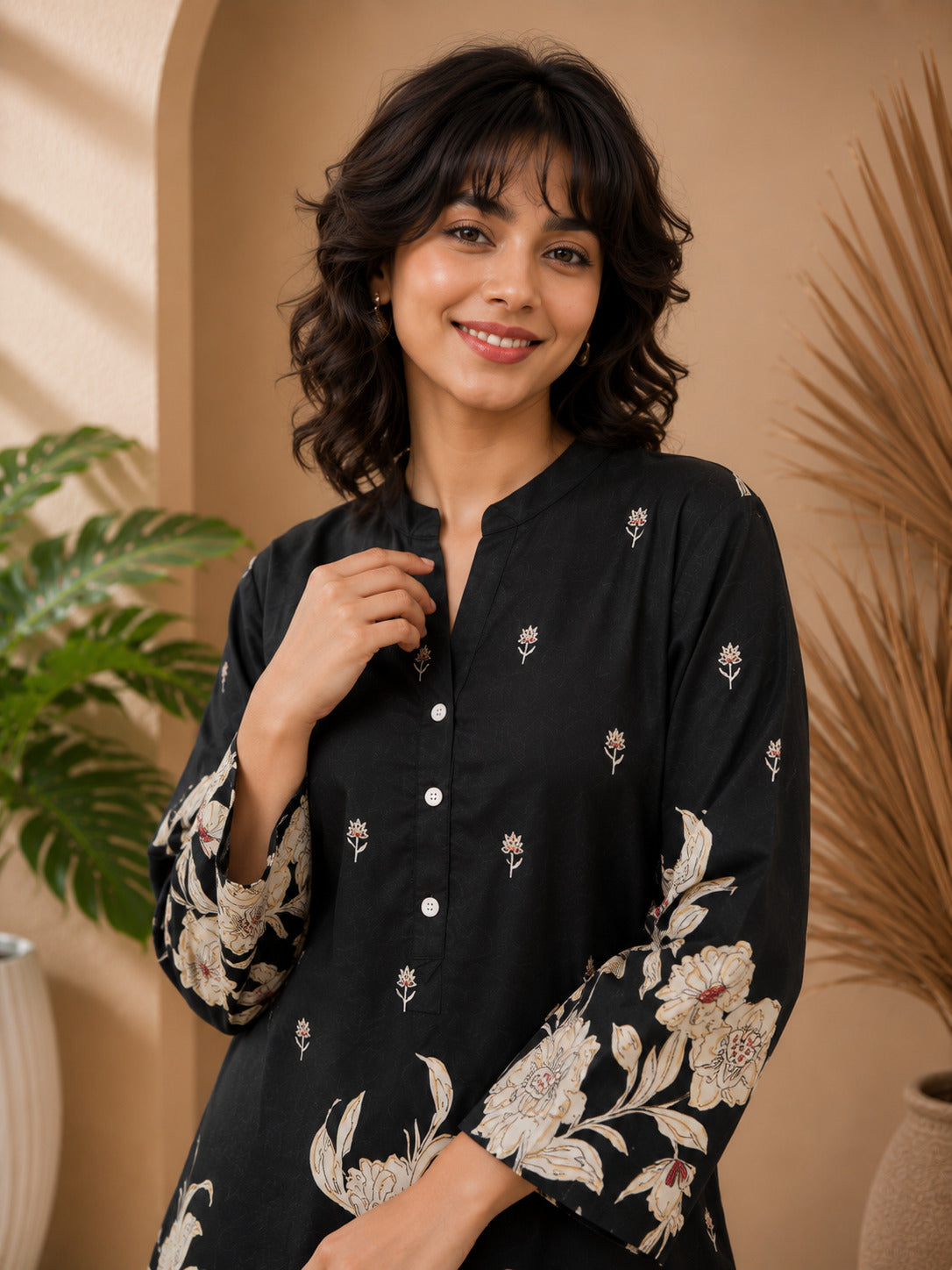 Floral Print Co-Ord Set with Mandarin Collar Tunic and Wide-Leg Palazzos