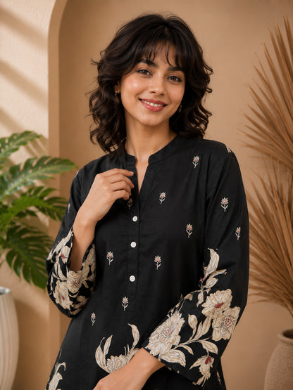 Floral Print Co-Ord Set with Mandarin Collar Tunic and Wide-Leg Palazzos