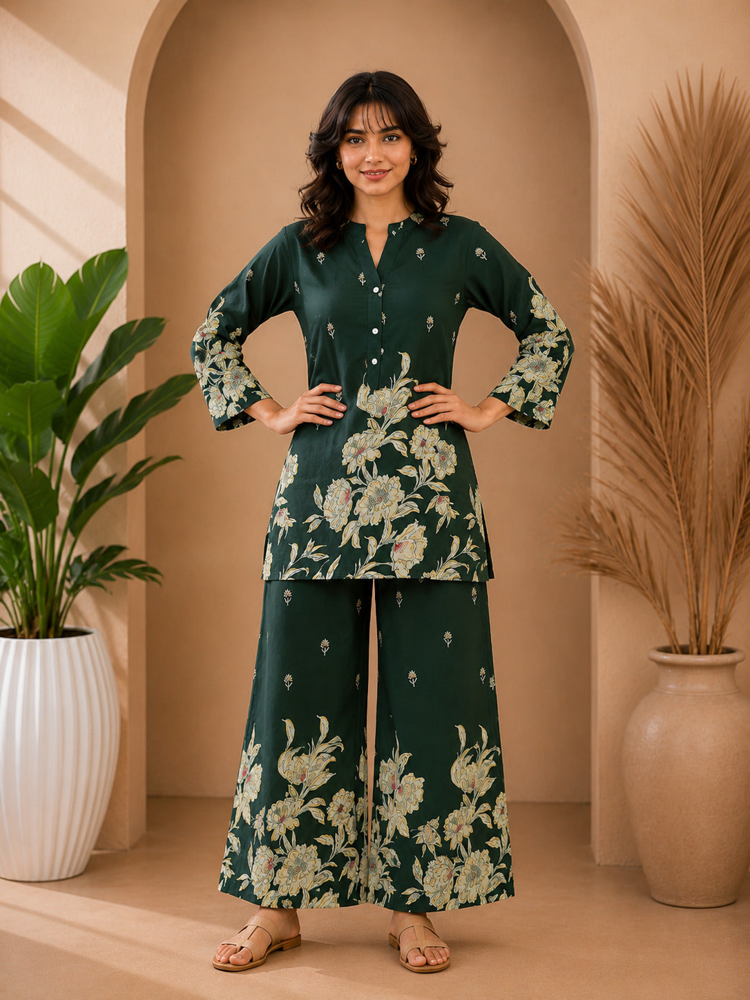 Floral Print Co-Ord Set with Mandarin Collar Tunic and Wide-Leg Palazzos
