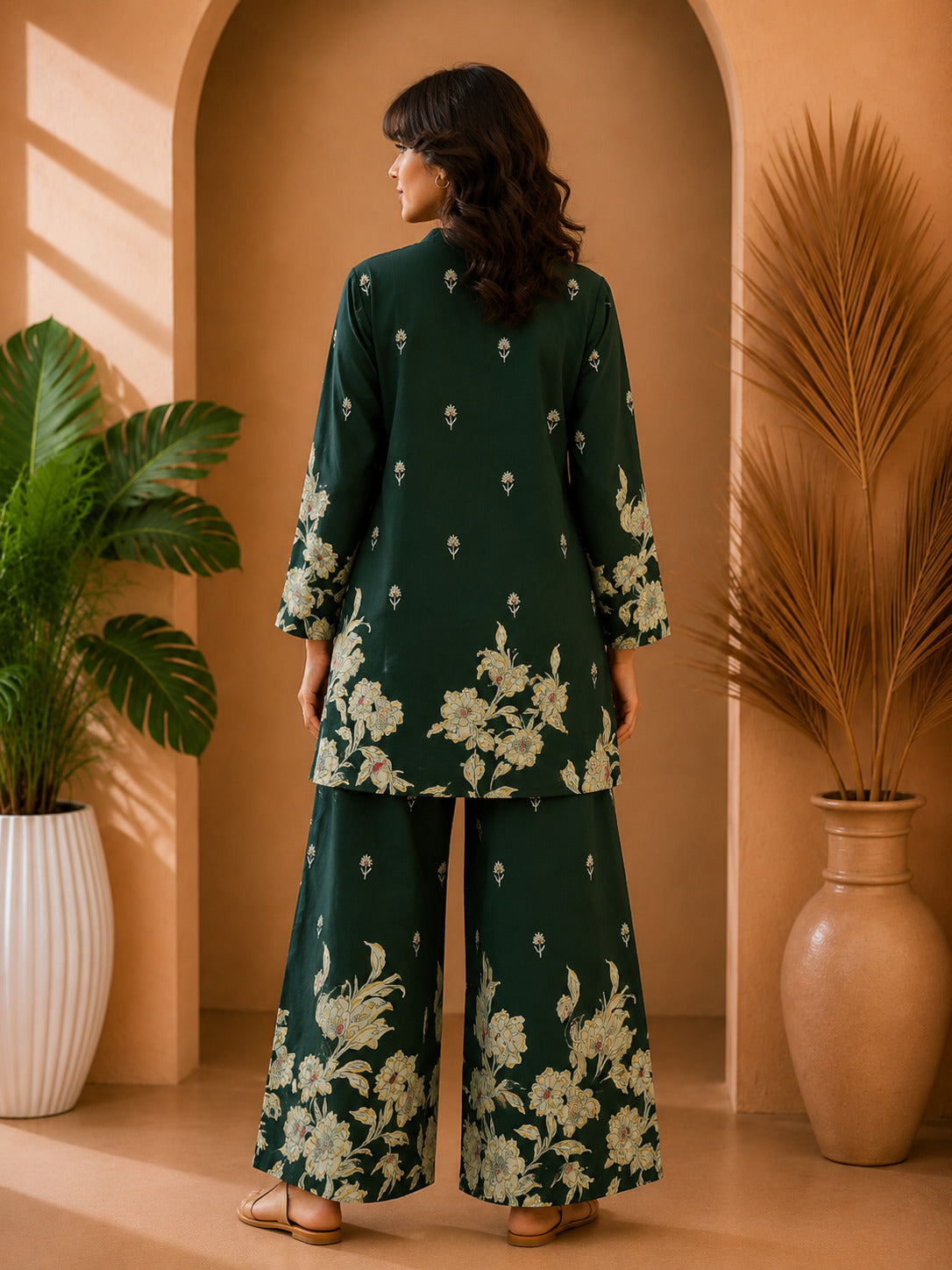Floral Print Co-Ord Set with Mandarin Collar Tunic and Wide-Leg Palazzos