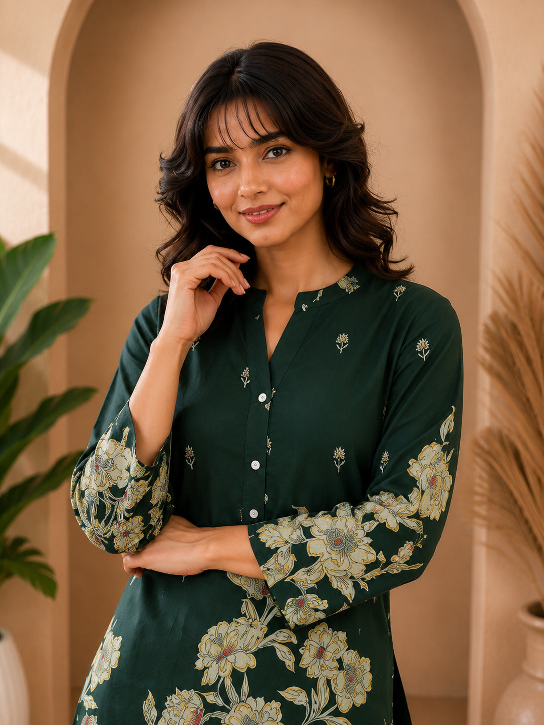 Floral Print Co-Ord Set with Mandarin Collar Tunic and Wide-Leg Palazzos