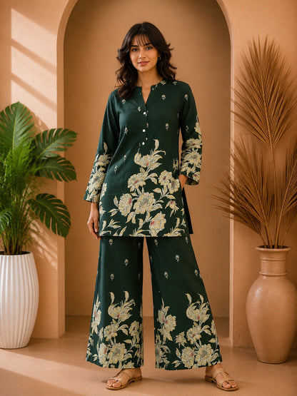 Floral Print Co-Ord Set with Mandarin Collar Tunic and Wide-Leg Palazzos