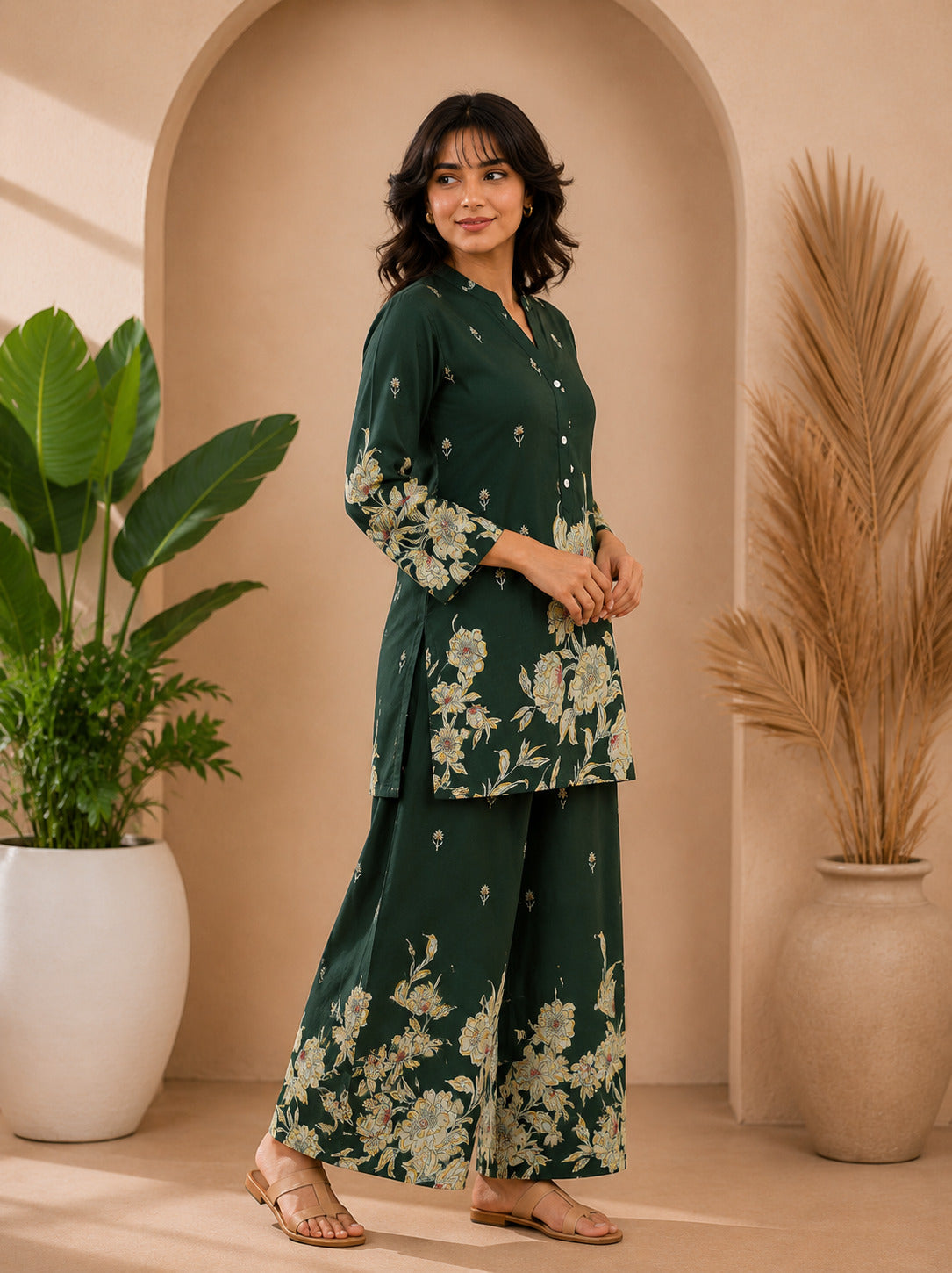 Floral Print Co-Ord Set with Mandarin Collar Tunic and Wide-Leg Palazzos