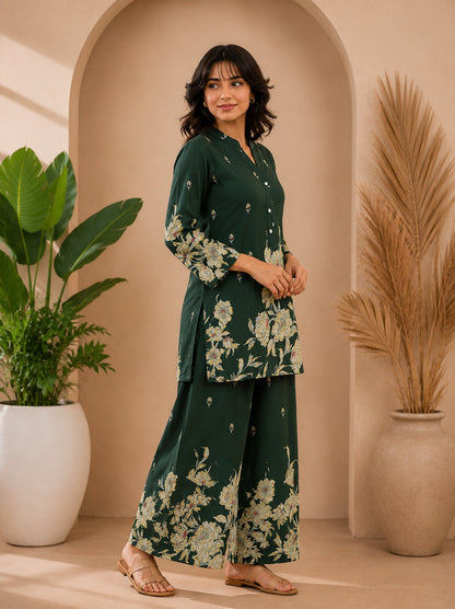 Floral Print Co-Ord Set with Mandarin Collar Tunic and Wide-Leg Palazzos