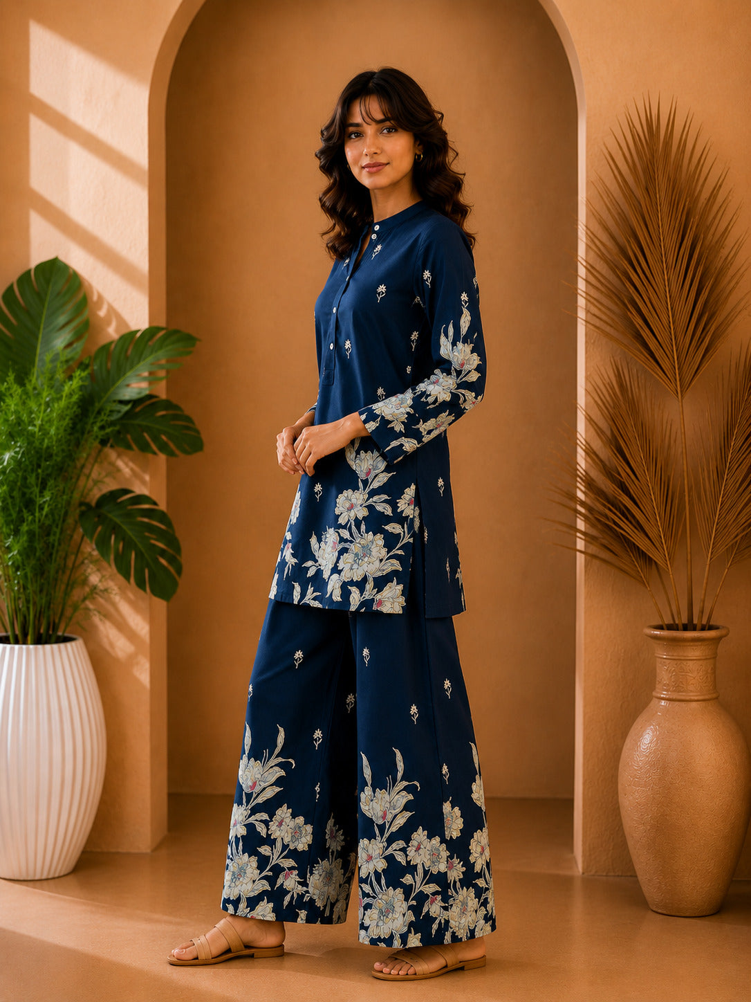 Floral Print Co-Ord Set with Mandarin Collar Tunic and Wide-Leg Palazzos