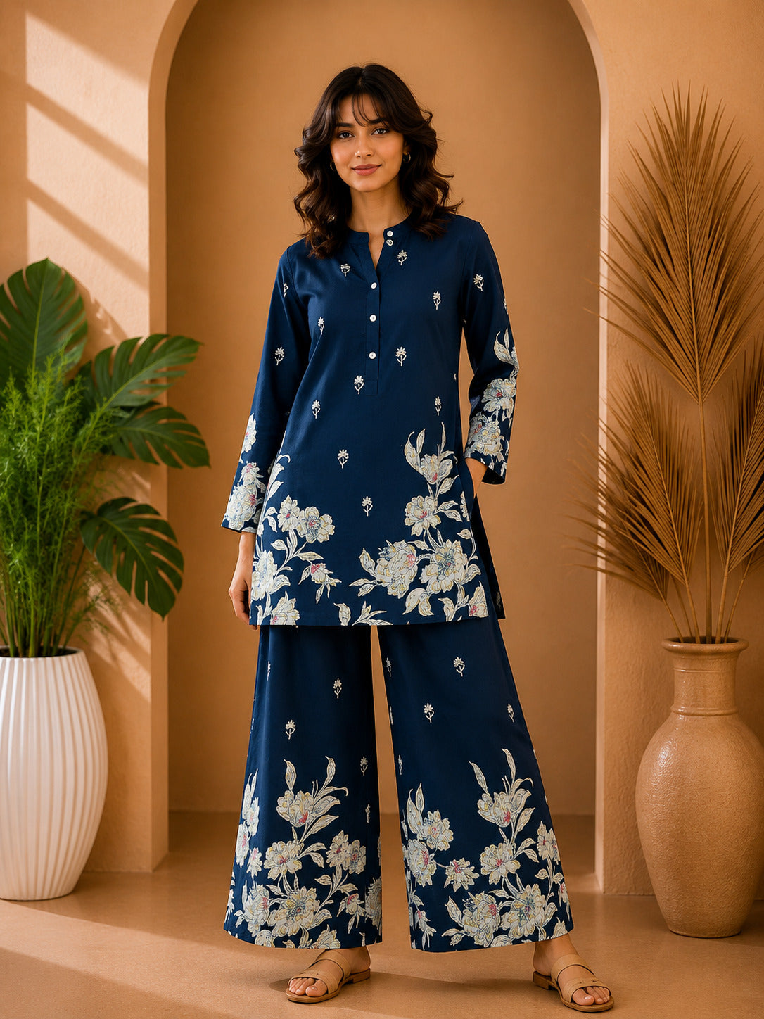 Floral Print Co-Ord Set with Mandarin Collar Tunic and Wide-Leg Palazzos