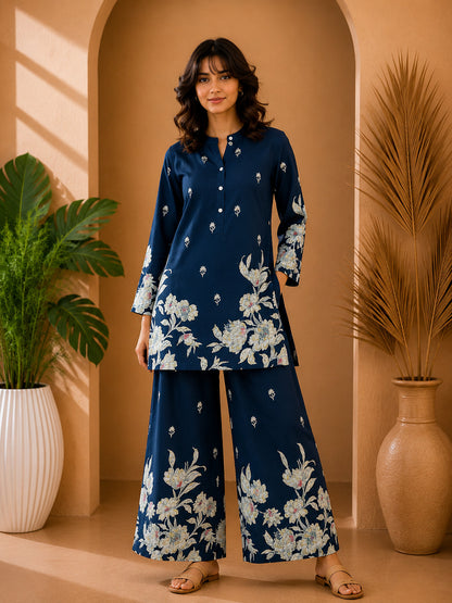 Floral Print Co-Ord Set with Mandarin Collar Tunic and Wide-Leg Palazzos