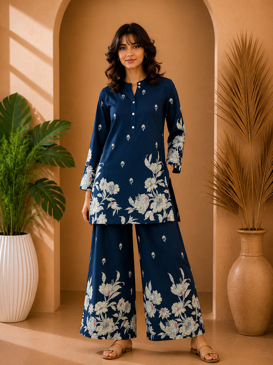 Floral Print Co-Ord Set with Mandarin Collar Tunic and Wide-Leg Palazzos