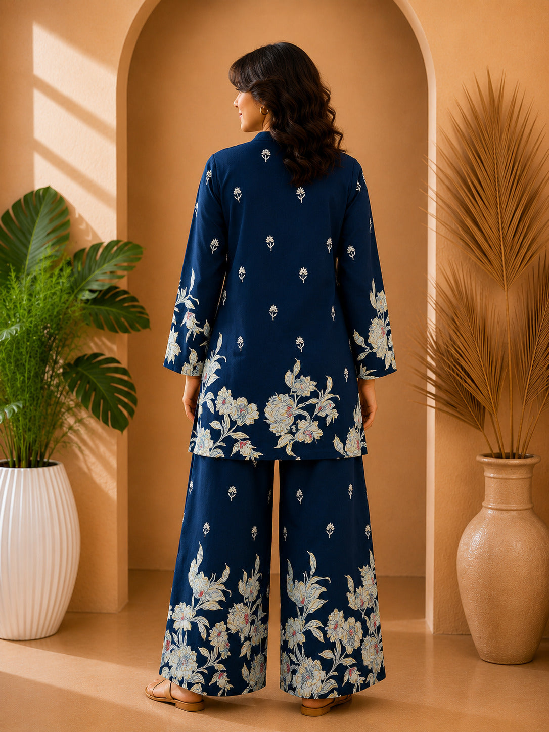 Floral Print Co-Ord Set with Mandarin Collar Tunic and Wide-Leg Palazzos