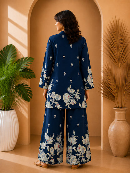 Floral Print Co-Ord Set with Mandarin Collar Tunic and Wide-Leg Palazzos